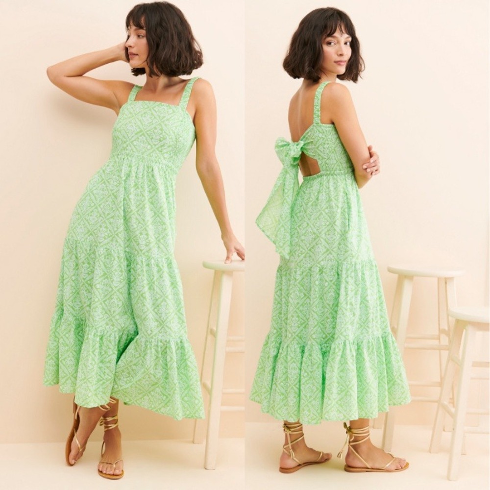 BANJANAN Regina Tile Print Dress Green Cotton Midi Bow Back Size Small
